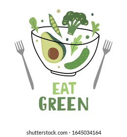 Verduras planas vectoriales en tazón con tenedor. Coma tipografía verde. Aguacate, pepino, brócoli, guisantes, perejil. Menú de comida saludable, vegano, detox, orgánico