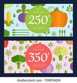 Vector flat vegetables vegan shopping voucher templates. Illustration banner templates