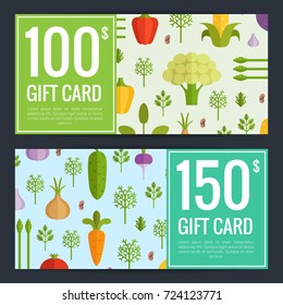 Vector flat vegetables vegan shopping voucher templates. Gift card illustration