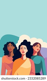 Vector flat vertical banner of woman for International Women's Day, strong women of different cultures and nationalities stand together. Vector concept of movement for gender equality and women