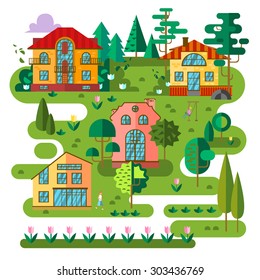 Vector flat village landscape. Beautiful little cottages and trees.