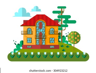 Vector flat village landscape. Beautiful little cottages and trees.