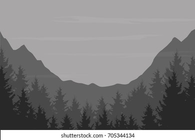 Vector flat vintage illustration of a panoramic night mountain landscape with a wood under the sky with cloud and with space for text