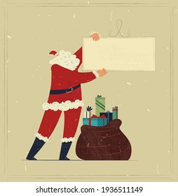 Vector flat vintage illustration with Santa Claus holding blank poster. There is place for text. Background is textured craft paper and linear frame. It can be used in postcards, web design, etc.