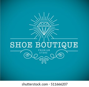 Vector flat vintage shoe store, shop logo design isolated. Monogram element. Shoe icon. Premium foot wear boutique brand mark.