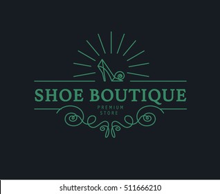 Vector Flat Vintage Shoe Store, Shop Logo Design Isolated. Monogram Element. Shoe Icon. Premium Foot Wear Boutique Brand Mark.