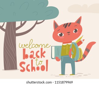 Vector flat vintage style welcome back to school poster with cartoon animals. Cat with books