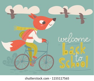 Vector flat vintage style welcome back to school poster with cartoon animals. Fox going bicycle