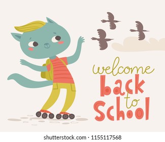 Vector flat vintage style welcome back to school poster with cartoon animals.Funny cat