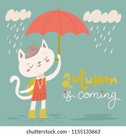 Vector flat vintage style welcome back to school poster with cartoon animals. Kitten with an umbrella.