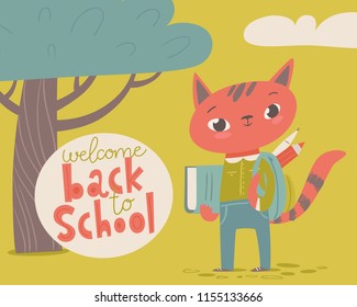 Vector flat vintage style welcome back to school poster with cartoon animals. Cat with books