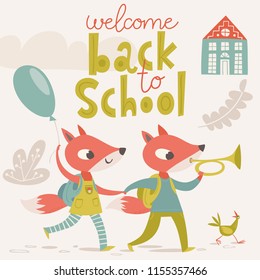 Vector flat vintage style welcome back to school poster with cartoon animals. Kitten with an umbrella.
