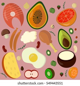 Vector flat vivid of some foods isolated on violet. Food, catering, natural themes. Design element (web and social media, technologies). Healthy lifestyle.