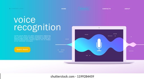 Vector flat voice recognition illustration. Landing page design. Laptop screen with sound waves and microphone dynamic icon. UI, UX, mobile app, web site concept template for personal online assistant