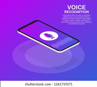 Vector flat voice recognition illustration. Landing page design. Smartphone screen with sound waves and microphone dynamic icon. Vector stock illustration.