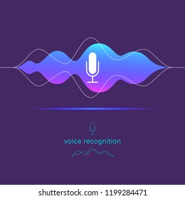 Vector flat voice recognition, personal assistant illustration with dynamic microphone icon and sound waves lines isolated on dark background.