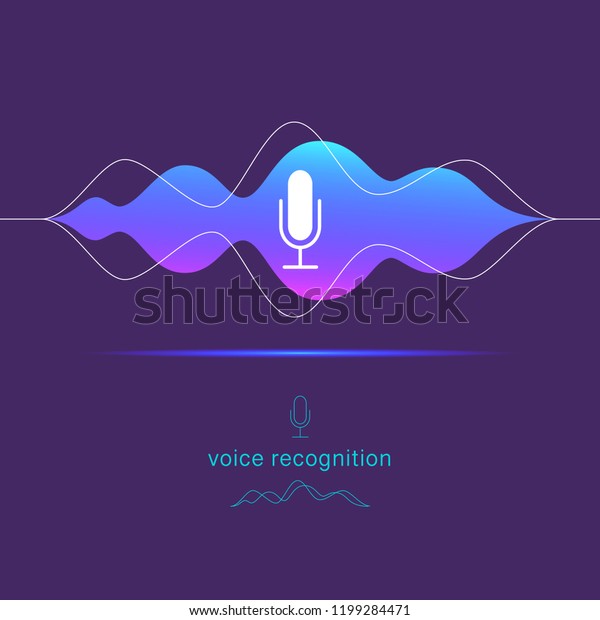 Vector flat voice recognition, personal\
assistant illustration with dynamic microphone icon and sound waves\
lines isolated on dark\
background.