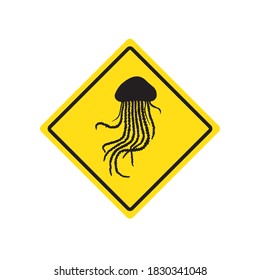 Vector flat warning sign with jellyfish silhouette in yellow rhombus isolated on white background