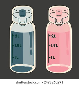 Vector flat water bottle. Drink more water. Stay hydrated. A pink and blue glass bottle with milliliter markings for water to take with you