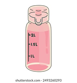 Vector flat water bottle. Drink more water. Stay hydrated. A pink and blue glass bottle with milliliter markings for water to take with you