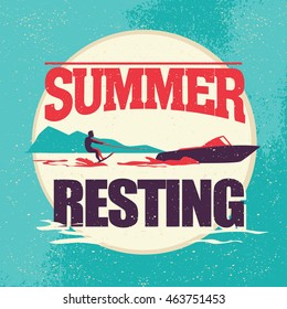 Vector flat water skiing logo illustration. Vintage, retro style. Surfer silhouette. Human figure. Extreme sport, summer resting. Summer banner, poster, placard, travel card design template.