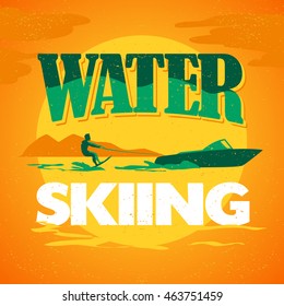 Vector flat water skiing logo illustration. Vintage, retro style. Surfer silhouette. Human figure. Extreme sport, summer resting. Summer banner, poster, placard, travel card design template.