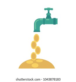 Vector flat water tap with golden coins falling from it icon. Business success, achievement, financial banking, money profit flow symbol. Isolated conceptual illustration on a white background