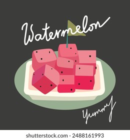 Vektorgrafik flache Wassermelonen-Illustration auf einem schwarzen Hintergrund. Tropische Früchte im Sommer. Welttag der Wassermelonen. Würfel mit saftiger Wassermelone auf einem Teller und mit einem Löffel für Snacks schneiden. Weiße Handschrift