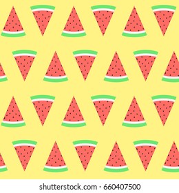 Vector flat watermelon slices seamless pattern on the yellow background
