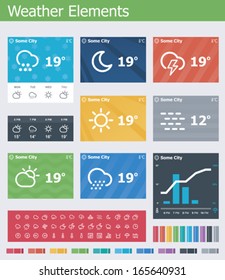 Vector flat weather app UI elements and icon set