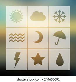 Vector flat weather icon set on blur. Sun star moon cloud snow fog rain. Eps10