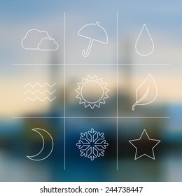 Vector flat weather icon set on blur. Sun star moon cloud snow fog rain. Eps10