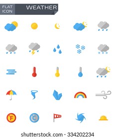 Vector flat weather icons set on white bacground. Meteorology pictogram