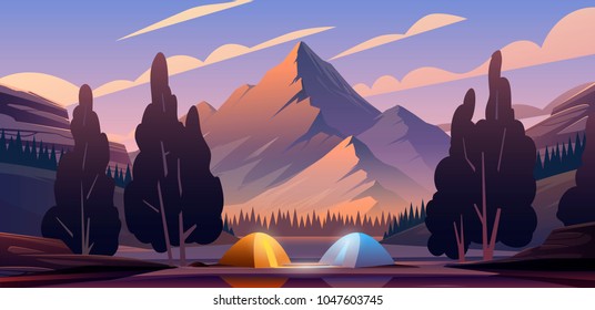 Vector flat web banner on the theme of Climbing, Trekking, Hiking, Walking. Sports, Camping, outdoor recreation, adventures in nature, vacation. Modern flat design. Evening camp