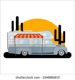 Vector flat web banner on the theme of Road trip, Adventure, Trailering, Camping, outdoor recreation, adventures in nature, vacation. Modern flat design. Retro car