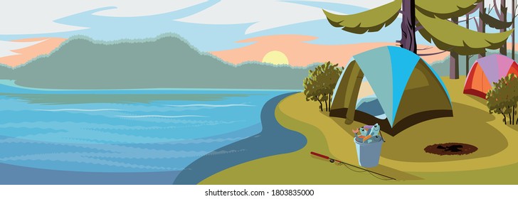 Vector flat web banner on the theme of Climbing, Trekking, Hiking, Walking. Sports, Camping, outdoor recreation, adventures in nature, vacation. Modern flat design. Morning camp.