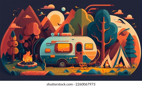 Vector flat web banner on the theme of Climbing, Trekking, Hiking, Walking. Sports, Camping, outdoor recreation, adventures in nature, vacation. Modern flat design. Evening camp