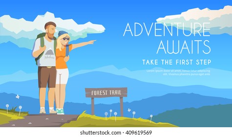 Vector flat web banner on the theme of Climbing, Trekking, Hiking, Walking. Sports, Camping, outdoor recreation, adventures in nature, vacation. Modern flat design. Travelling couple.