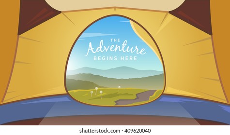 Vector flat web banner on the theme of Climbing, Trekking, Hiking, Walking. Sports, Camping, outdoor recreation, adventures in nature, vacation. Modern flat design. Camping tent.