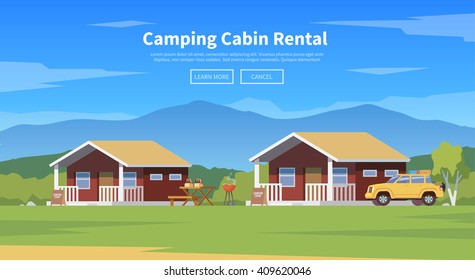 Vector flat web banner on the theme of Climbing, Trekking, Hiking, Walking. Sports, Camping, outdoor recreation, adventures in nature, vacation. Modern flat design. Camping cabins.