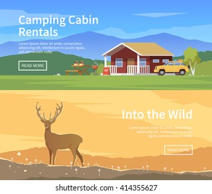 Vector flat web banner on the theme of Climbing, Trekking, Hiking, Walking. Sports, Camping, outdoor recreation, adventures in nature, vacation. Modern flat design. Deer into the wild.