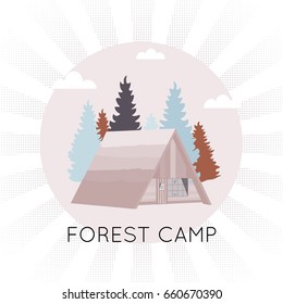 Vector flat web banner on the theme of Forest camp, Road trip, Adventure, Trailering, Camping, outdoor recreation, adventures in nature, vacation. Modern flat design.