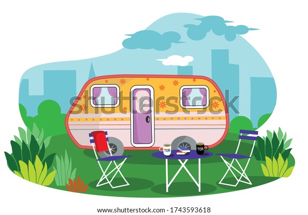 Vector flat web banner on the theme of Road trip,\
Adventure, Trailering, Camping, outdoor recreation, adventures in\
nature, vacation. 