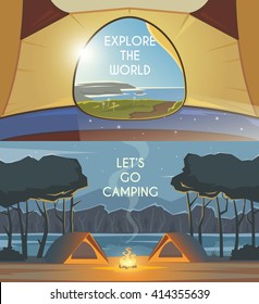 Vector flat web banners  on the theme of Climbing, Trekking, Hiking, Walking. Sports, Camping, outdoor recreation, adventures in nature, vacation. Modern flat design. Camping tent. Evening camp.