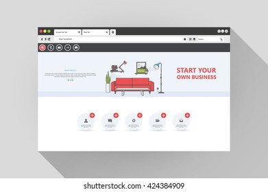 Vector flat web browser design and website template with room illustration,