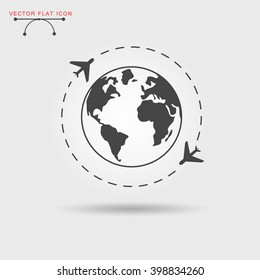 Vector Flat Web Icon. Earth And Plane. Travel Around The World Picture