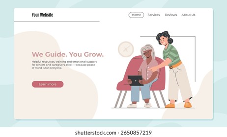 Vector flat web template showing senior woman learning tablet use with help from younger caregiver. Promotes intergenerational support, digital literacy, and empowerment for elderly people.