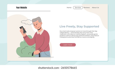 Vector flat website template featuring elderly man with cane smiling and checking location on smartphone outdoors. Promotes senior independence, safety, and navigation support.