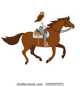 Vector flat western cowboy girl woman riding running horse isolated on white background