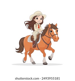 Vector flat western cowboy girl riding horse isolated on white background